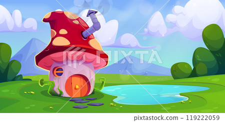 Mushroom house near lake in mountain valley 119222059