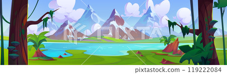 Mountain landscape with jungle trees and lake Mountain landscape with jungle trees and lake 119222084