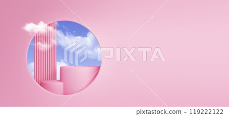 Podium behind round window in wall, sky and clouds Podium behind round window in wall, sky and clouds 119222122