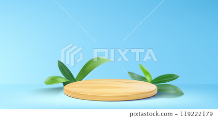 Wooden cylinder podium with green leaf or grass 119222179
