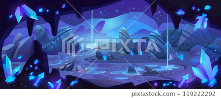 Dark cave with blue crystals 119222202
