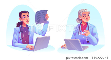 Woman doctor working at desk with laptop. 119222231