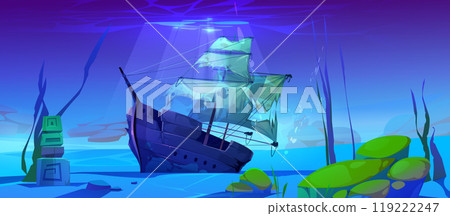 Sunken wreck sailboat on sand of sea bottom Sunken wreck sailboat on sand of sea bottom 119222247