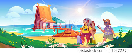 Old couple on summer beach vacation with suitcase 119222271