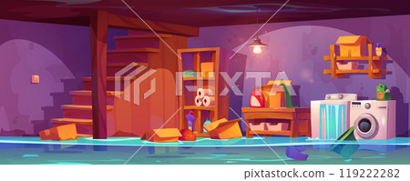 Flood on house basement floor with laundry room Flood on house basement floor with laundry room 119222282