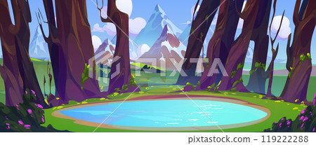 Lake in forest with mountains on background. 119222288