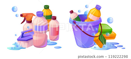 Household clean supplies and bottle vector icon 119222298