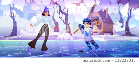 Woman and boy skating on ice lake in snowy forest. Woman and boy skating on ice lake in snowy forest. 119222313