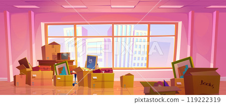 Cardboard boxes with stuff in empty room Cardboard boxes with stuff in empty room 119222319