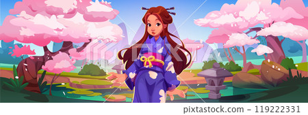 Woman in japanese kimono in park with sakura trees Woman in japanese kimono in park with sakura trees 119222331