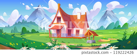 Green mountain village house with well in summer 119222426