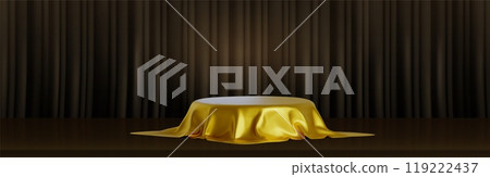 Round podium under golden cloth on theater stage 119222437