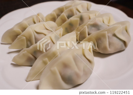 Homemade dumplings arranged on a plate before being cooked 119222451