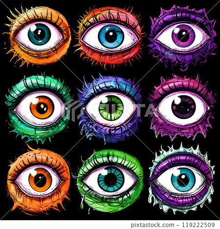 Halloween sketch of scary eyes, clipart on black background 119222509