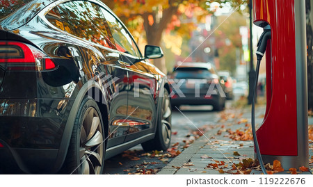 Electric car charging at a station in a scenic autumn setting 119222676