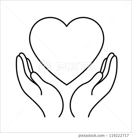 Charity icon, outline drawing of hands holding a heart. Donation, support, compassion concept 119222717