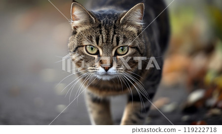 Adorable domestic cat look into the camera walking outside the house 119222718