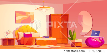 Groovy bedroom interior with daisy flower carpet 119222819