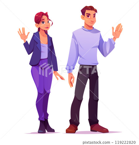 Waving welcome people, man and woman say hello 119222820