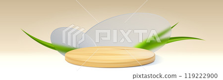 Wooden cylinder podium with green leaf or grass Wooden cylinder podium with green leaf or grass 119222900