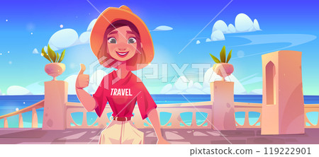Young woman in hat on sea or ocean shore terrace 119222901