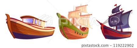Set of wooden ships isolated on white background Set of wooden ships isolated on white background 119222902