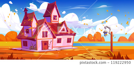 Pink rural house on fall forest glade near lake Pink rural house on fall forest glade near lake 119222950