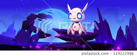 Alien planet landscape with cute robot astronaut. 119222986