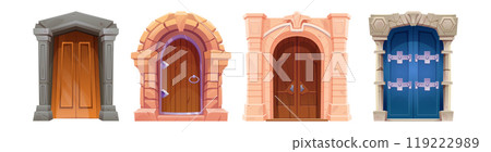Old wooden doors set isolated on white background 119222989