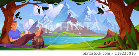 Male tourist having rest near mountain lake 119223010