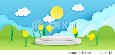 Product podium on paper cut spring background 119223013