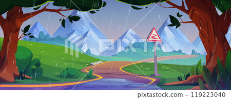 Rainy mountain landscape with winding road 119223040
