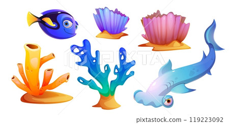 Set of fish, seaweeds and coral reefs Set of fish, seaweeds and coral reefs 119223092