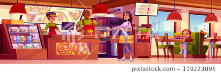 Pizzeria interior with workers and customers. Pizzeria interior with workers and customers. 119223095