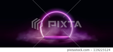 Pink neon circle frame with podium and smoke 119223124
