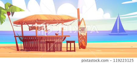 Summer beach bar against sea background 119223125
