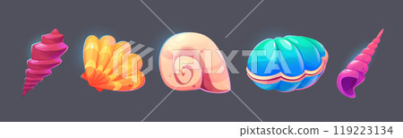 Cartoon set of seashells isolated on black Cartoon set of seashells isolated on black 119223134