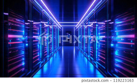 Illuminated server room of a high tech data center in vibrant blue and magenta hues. Internet and cloud services concept 119223163