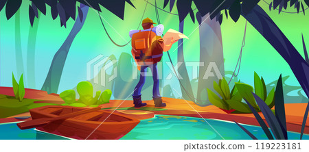 Jungle forest landscape with trees and tourist 119223181