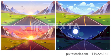 Mountain road view landscape cartoon landscape set Mountain road view landscape cartoon landscape set 119223182