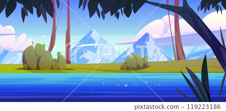Nature landscape with mountains, river and forest 119223186