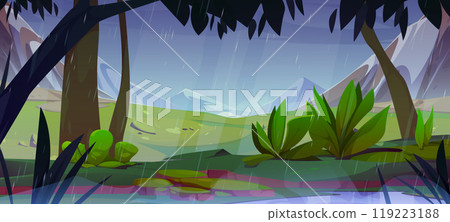 Mountain valley with trees and rocks in rain 119223188