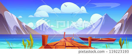 Pier on lake with mountain view cartoon landscape Pier on lake with mountain view cartoon landscape 119223193