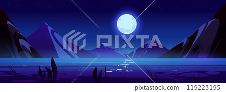 Night scene with lake, mountains, moon in sky Night scene with lake, mountains, moon in sky 119223195