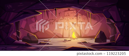 Prehistoric cave with bonfire and drawings on wall Prehistoric cave with bonfire and drawings on wall 119223205