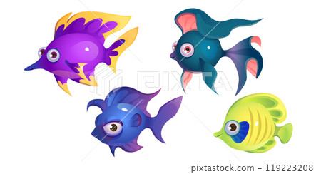 Cute cartoon fish with fin and smiling lips. Cute cartoon fish with fin and smiling lips. 119223208