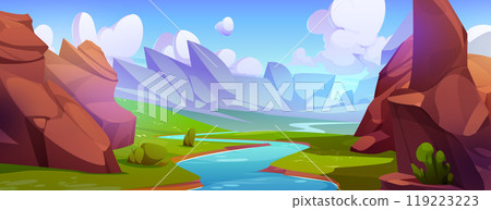 River with green grass and rock mountains on shore 119223223
