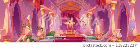 Old abandoned castle hall with king throne. 119223227
