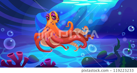 Octopus cartoon character swimming underwater. 119223233