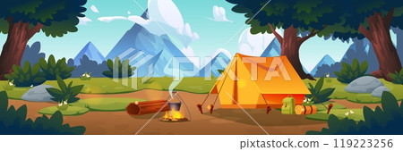 Camping with tent and fire in forest near mountain 119223256